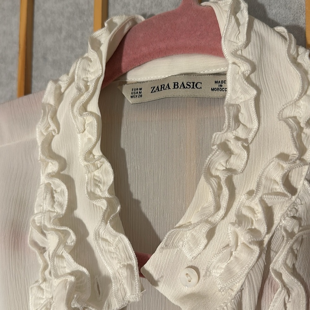 Zara Basic White Ruffled Blouse, Size M - image 2